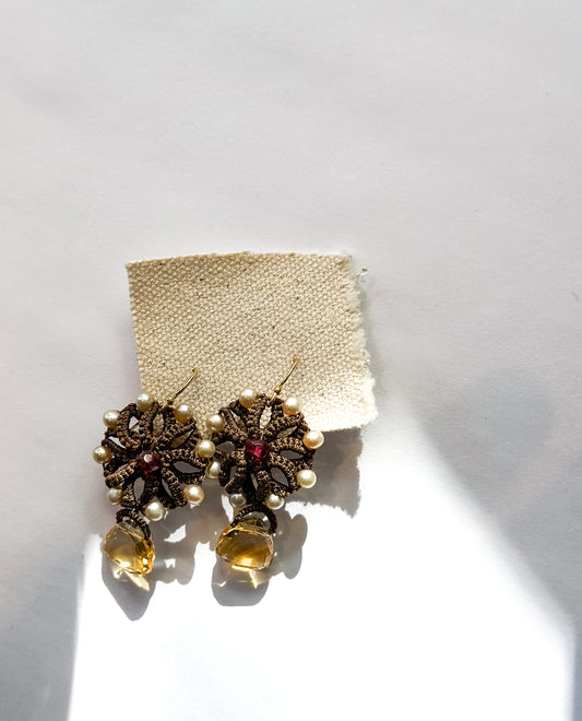 Danielle Welmond | Woven Flower with Pearls, Garnet and Citrine Earrings