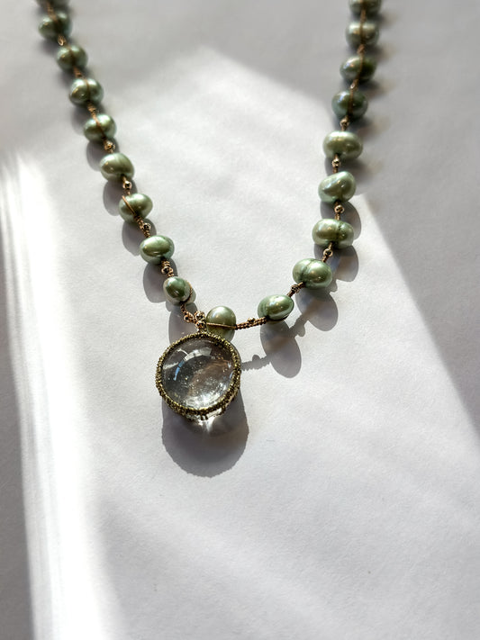 Danielle Welmond | Necklace of Green Pearls, Gold Pyrite and Caged Aquamarine on silk cord
