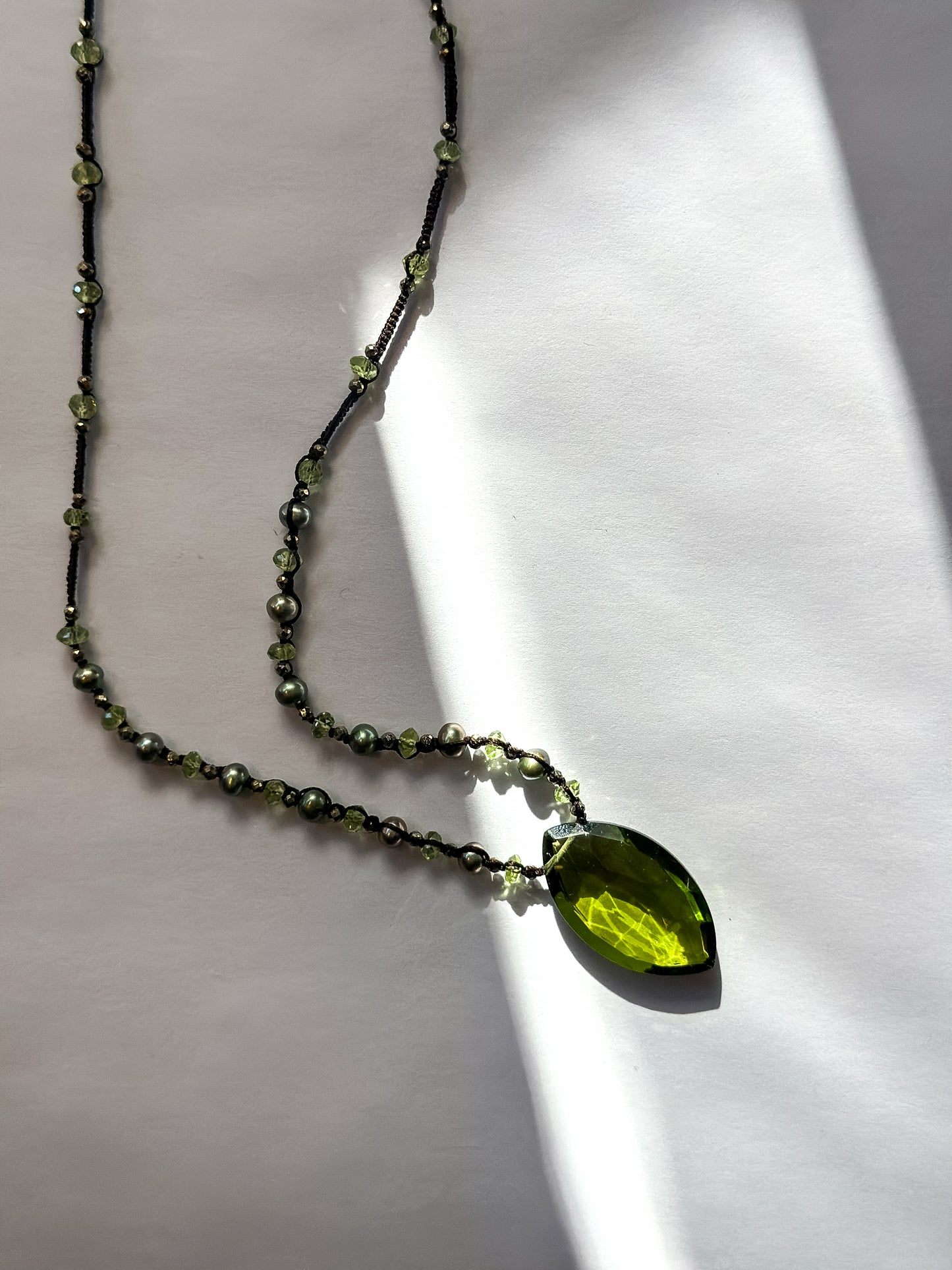 Danielle Welmond | Necklace of Pyrite, Green Pearls, Peridot, and peridot Quartz Marquis Drop
