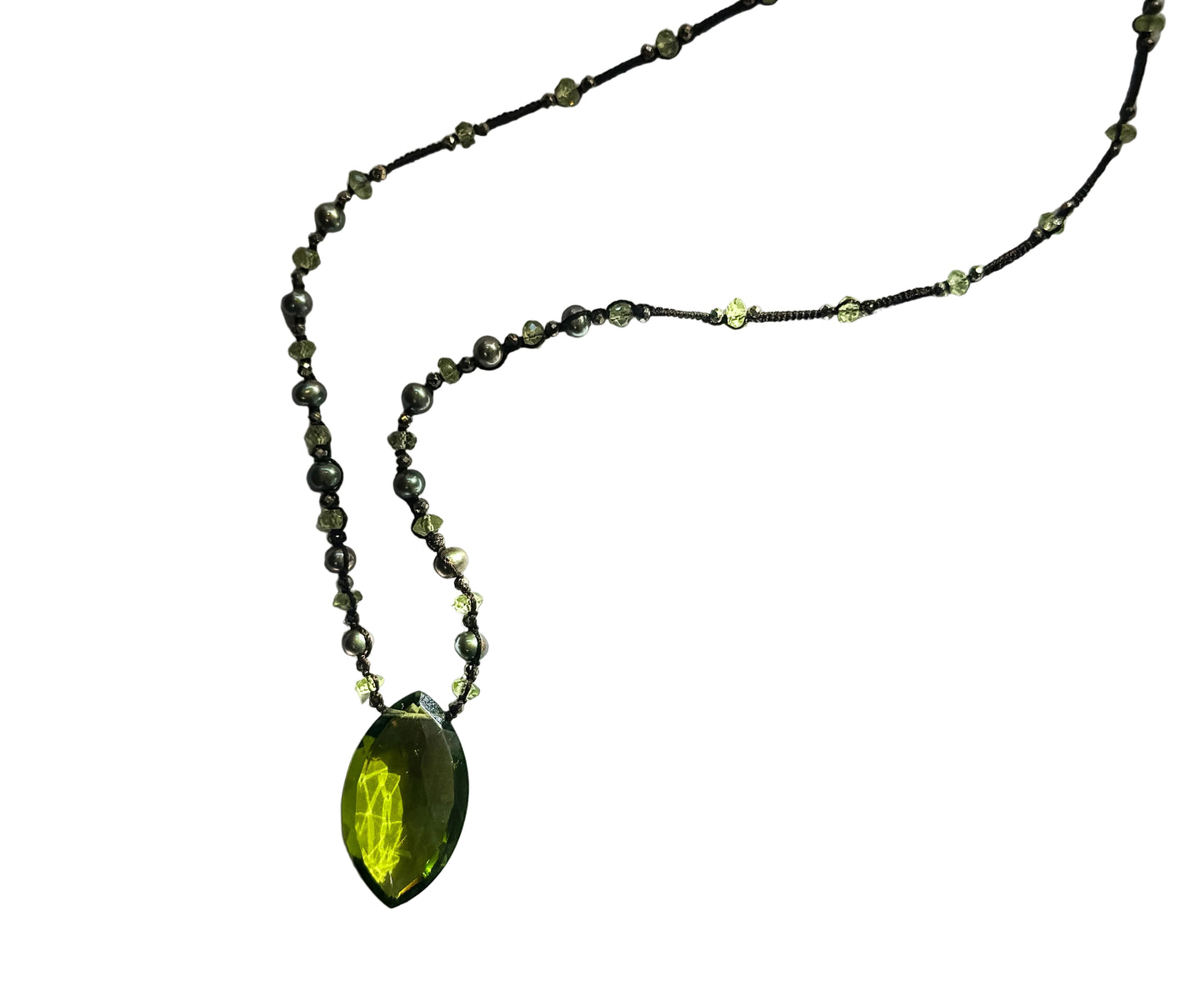 DANIELLE WELMOND | Necklace of Pyrite, Green Pearls, Peridot, and peridot Quartz Marquis Drop