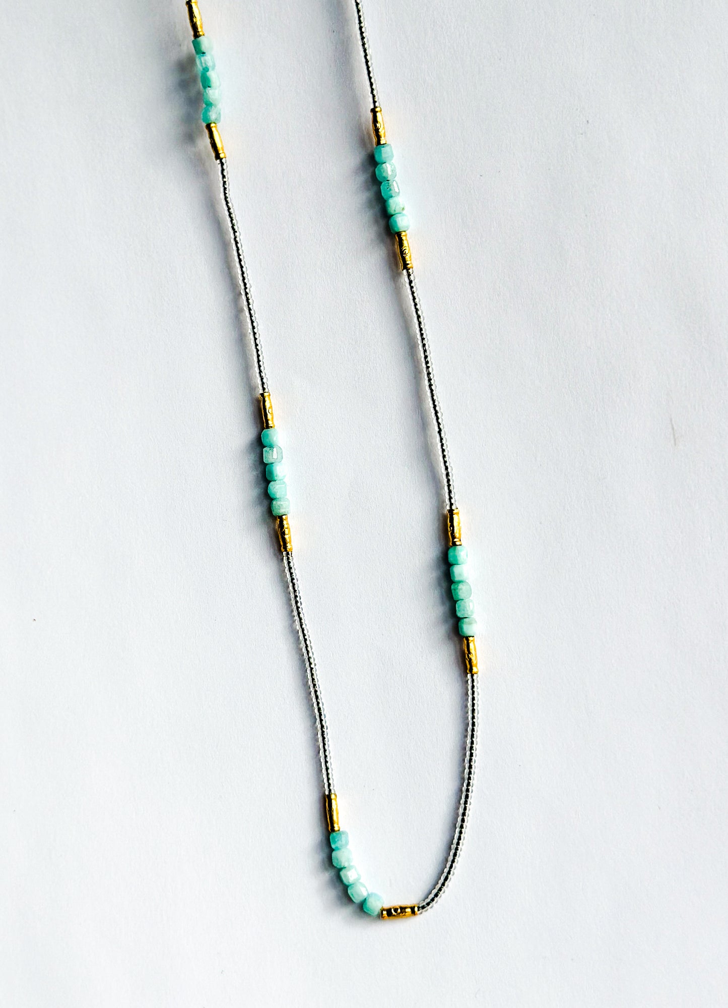 DEBBIE FISHER | Clear Seed, Gold Vermeil and Amazonite Beads w/ Gold Fill Clasp Necklace