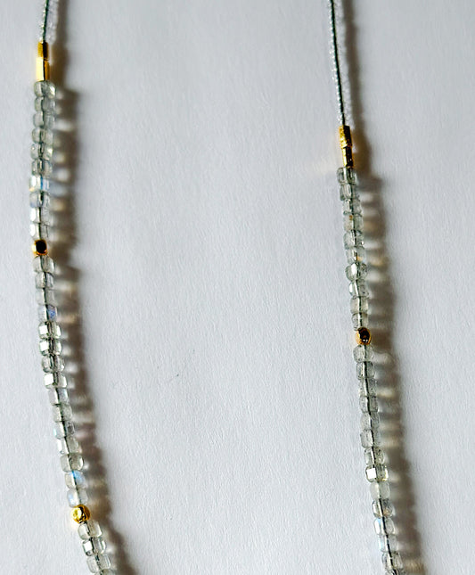 DEBBIE FISHER | Necklace of half Clear Glass Beads, half Clear seed beads, and Gold beads