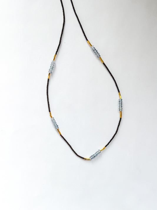 DEBBIE FISHER | Necklace Dark Brown Seed Beads, Iolite, and Gold Fill Beads