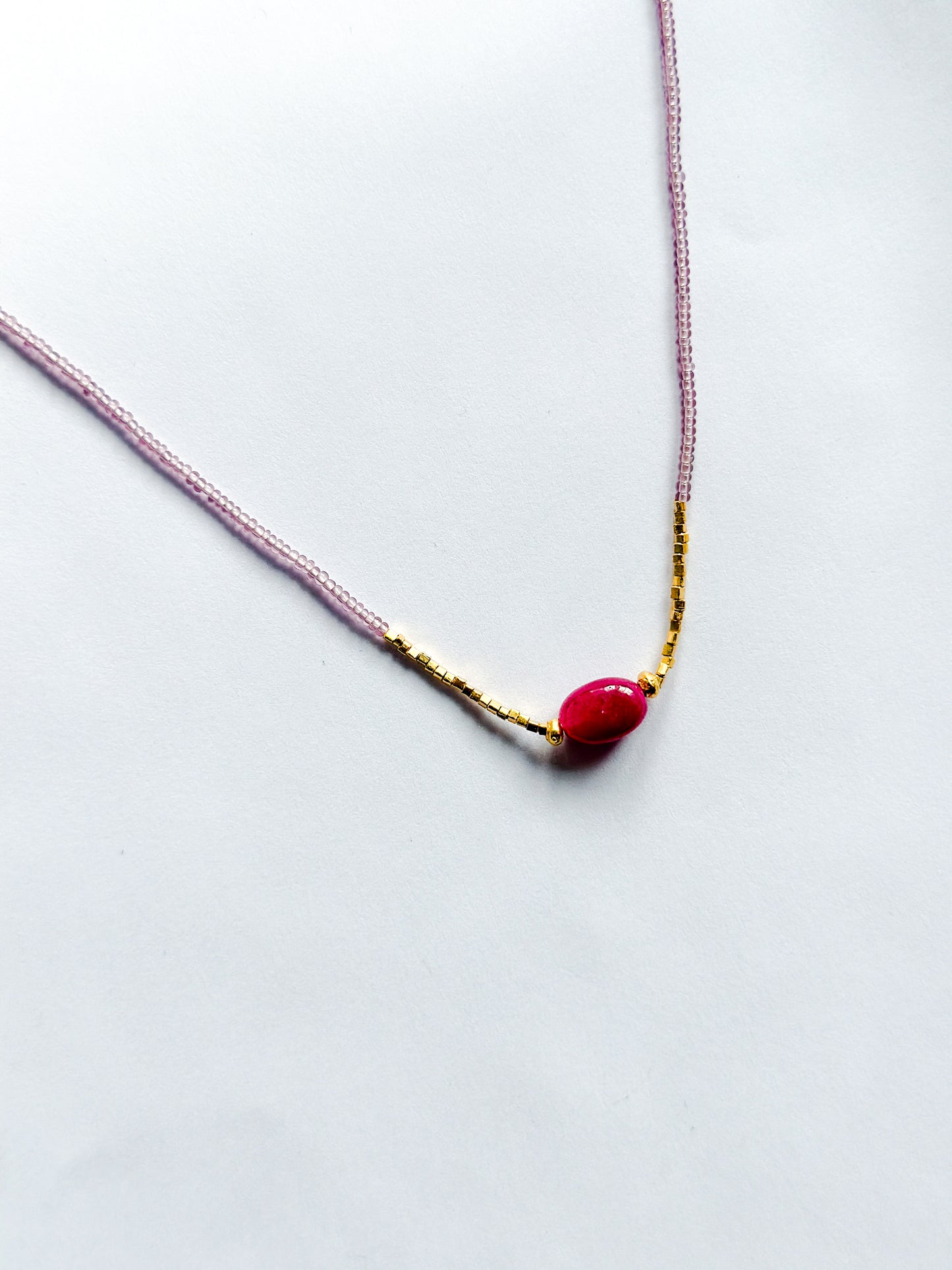 DEBBIE FISHER | Necklace of Pink Seed, Gold Vermeil, and Ruby Beads