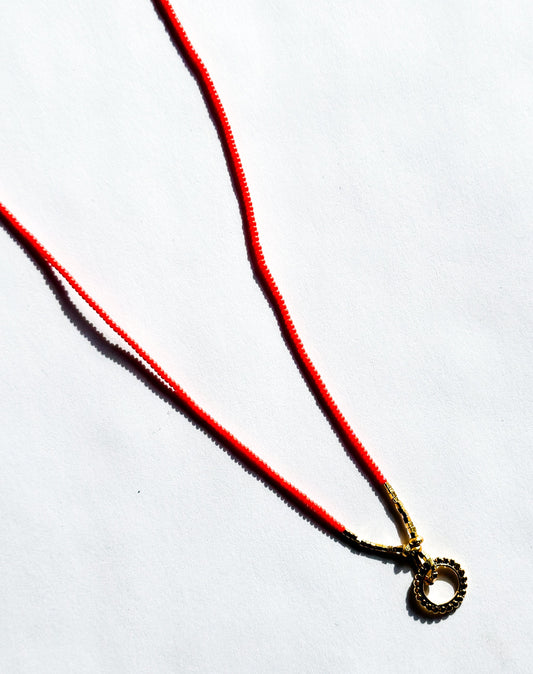 DEBBIE FISHER | Coral seed bead w/ gold vermeil beads and circle charm necklace