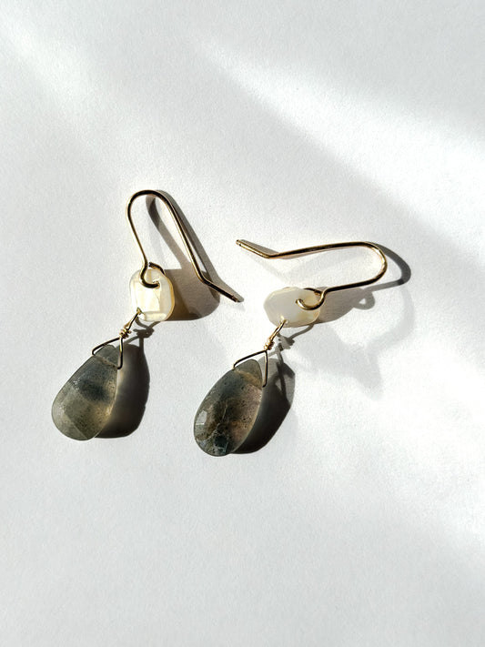 JADEWATER DESIGN | Mini Mother of Pearl Carving With Labradorite Drop Earring