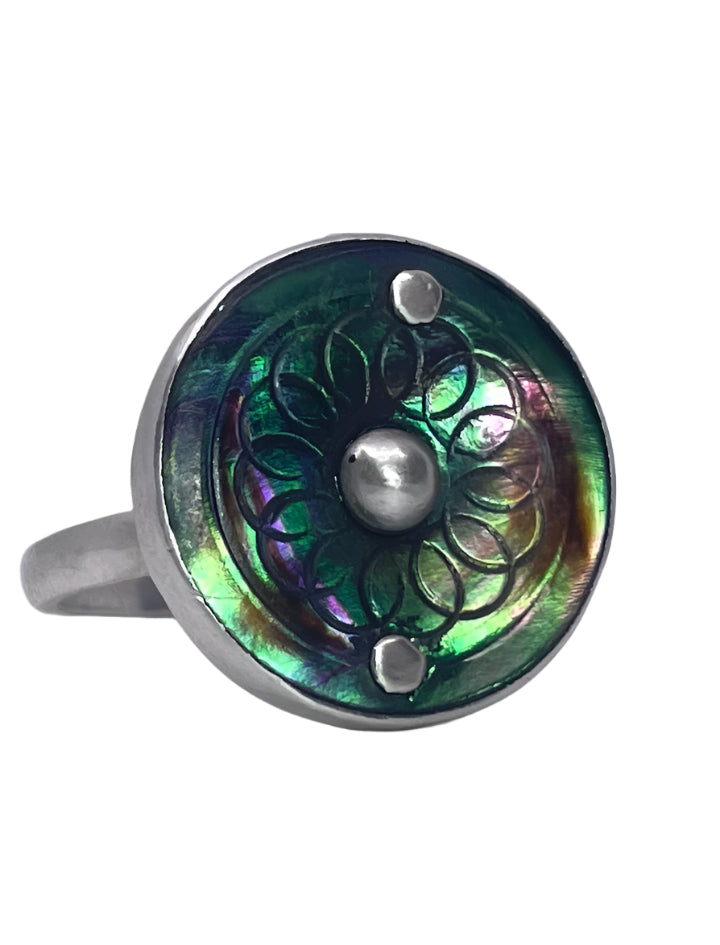 JADEWATER DESIGN | Dark Abalone Ring with Two Rivets and Silver Ball