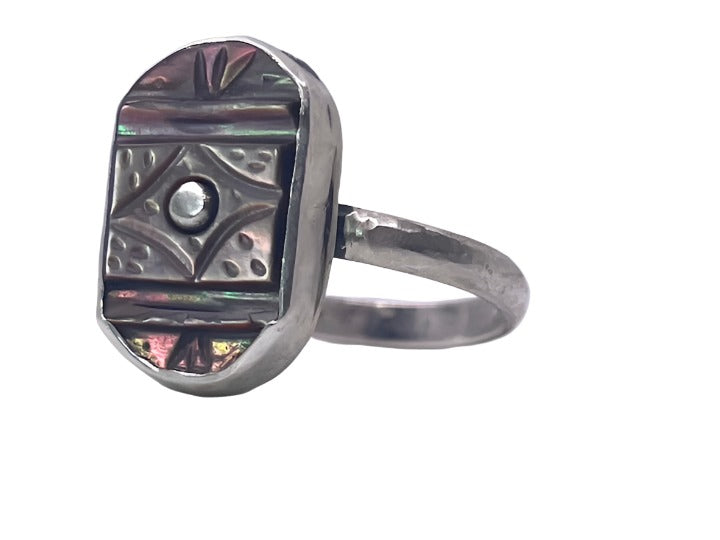 Carved Oval Ring with Riveted Silver Center