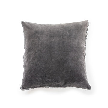 Velvet Pillow with Pom Pom Trim - Ash