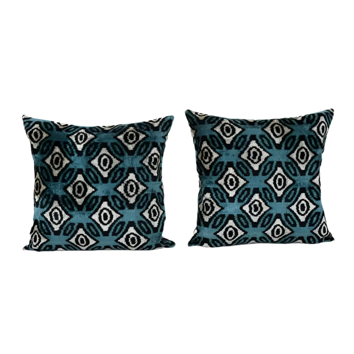 Ikat Azure Blue Pillow - Silk Ethnic Velvet | 24" x 24"