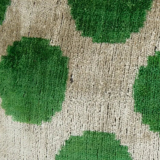 Polka Dot Green Silk Ikat Velvet Pillow - Decorative Uzbek Handloom | 14" x 14"