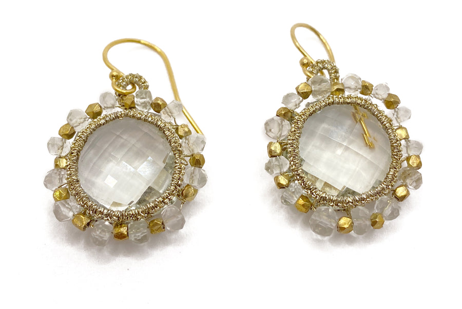 Danielle Welmond |  Caged Orbit Green Amethyst Earrings with Gold Cord and 14kt Gold Vermeil Beads