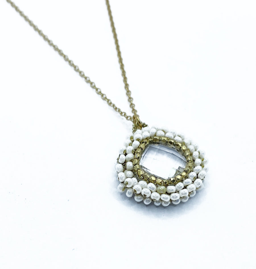 Danielle Welmond | Caged Crystal Quartz Necklace w/ Gold Cord and White Pearl on 14kt Gold Vermeil Chain