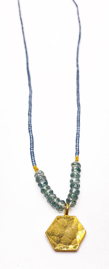 Debbie Fisher | Mystic Green Quartz Beads with Pyrite, Gold Vermeil, Seed Bead, and gold Vermeil Leaf Charm Necklace