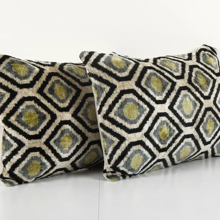 Silk Ikat Velvet Pillow Green Geometric Ikat 14