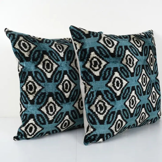 Ikat Azure Blue Pillow - Silk Ethnic Velvet | 24" x 24"
