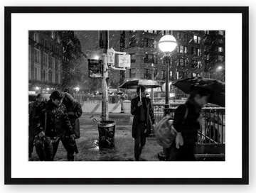 Stephen Pile | Snow & Umbrellas 10 x 15 print matted and framed
