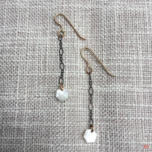 Oxidized Silver Chain With Mini Hexagon Button Drops Earrings