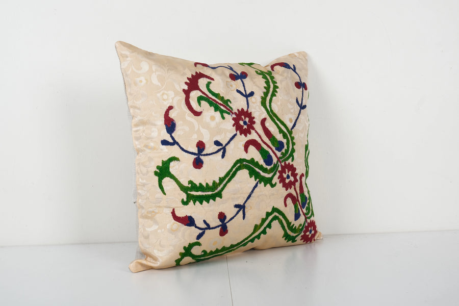 Turkish Suzani Cream Bench Cushion, Suzani Square | 16