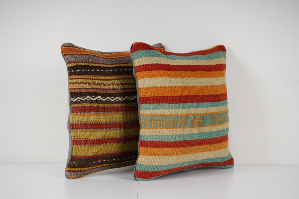 Striped Turkish Kilim Pillow, Set of Two Boho Accent Pillow