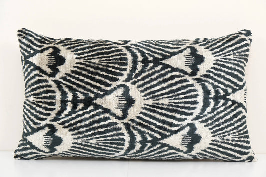 Geometric Design Ikat Velvet Pillow - Black Ethnic Silk Cush