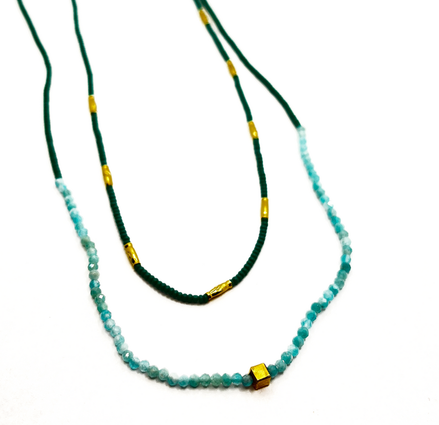Jade Seed Beads with Amazonite and Gold Vermeil Bead Double Necklace