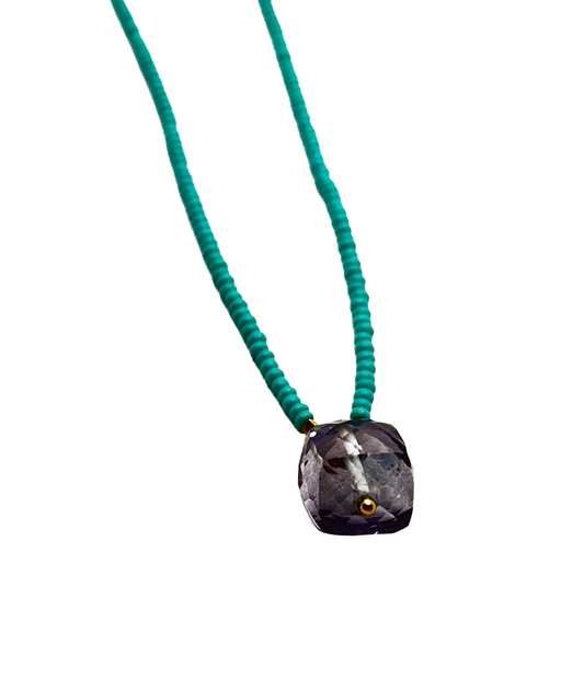 DEBBIE FISHER | Turquoise Seed Bead with Gold Vermeil and Mystic Quartz Drop Necklace