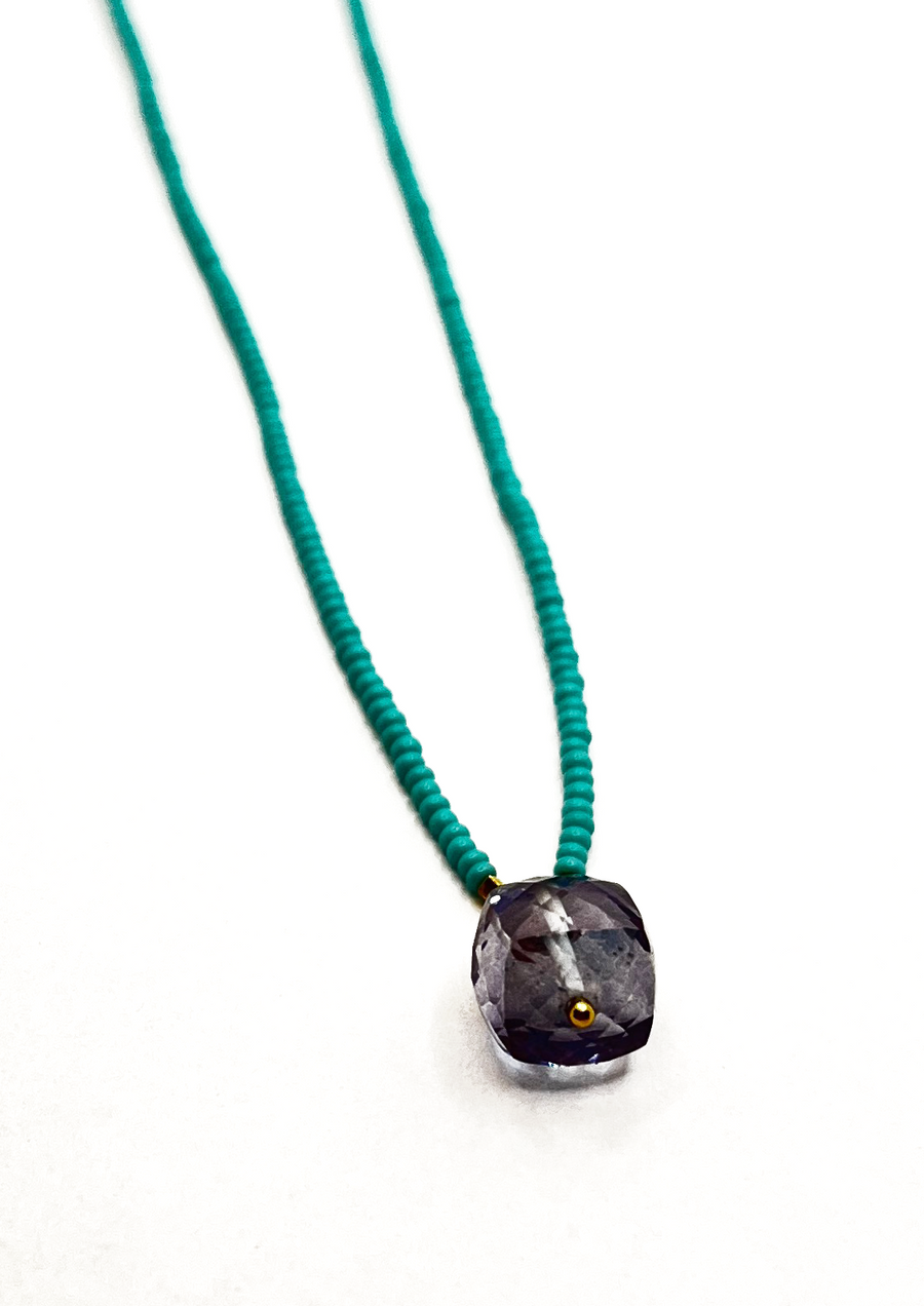 Turquoise Seed Bead with Gold Vermeil and Mystic Quartz Drop Necklace