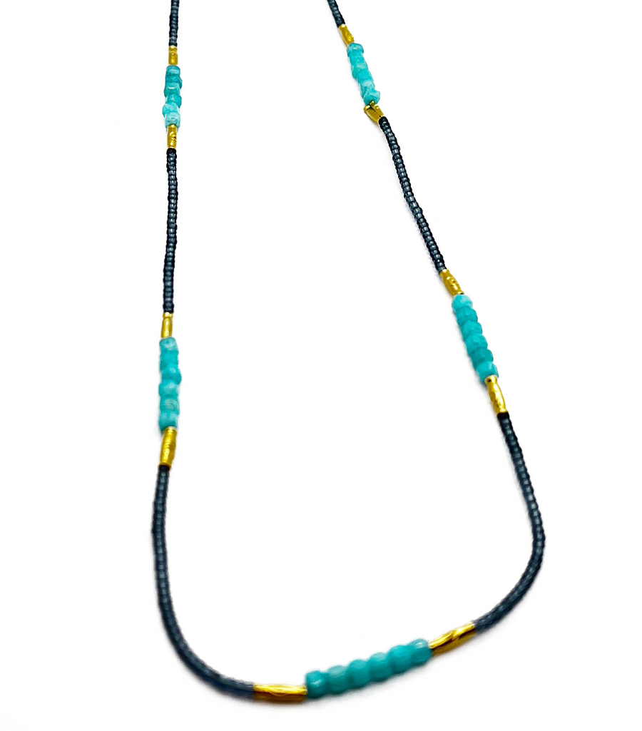 Grey Seed, Gold Vermeil and Amazonite Beads with Gold Fill Clasp Necklace