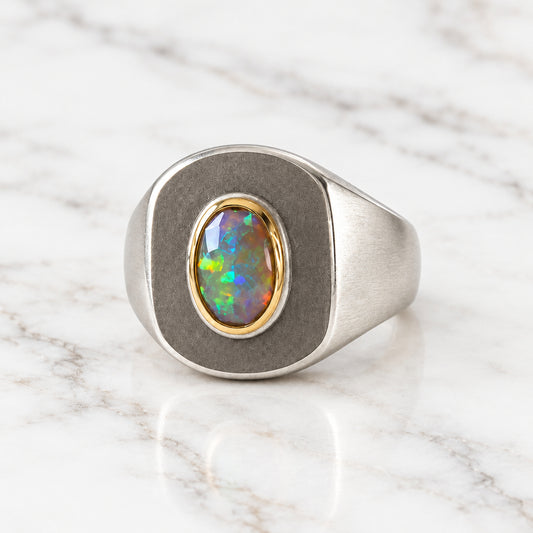 SONJA FRIES | 14K Bezel Sterling Silver Signet Ring W/ Opal Inlay
