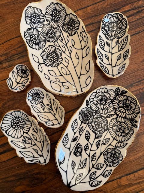 HSIEH CLAY | 7" Handmade Floral Shaped 22K Ceramic Catchall Jewelry Dish