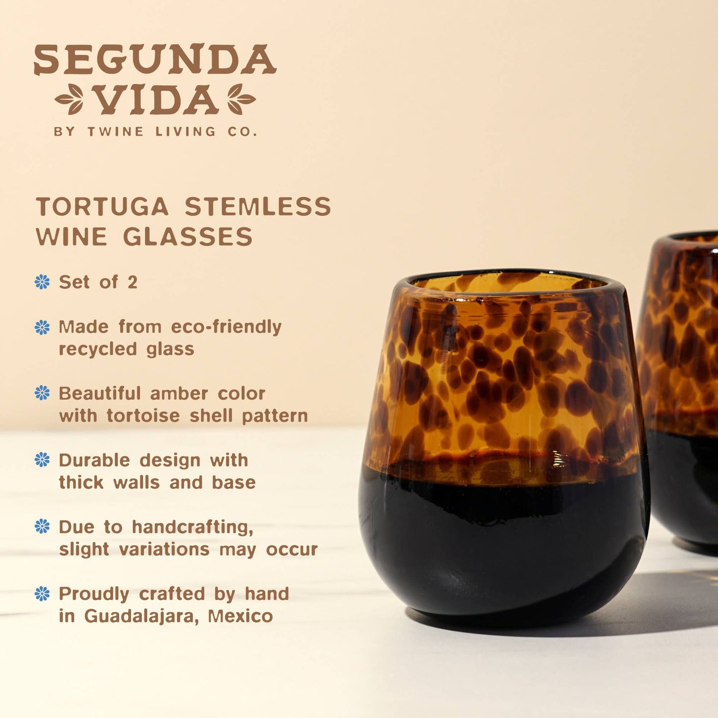 Tortuga Recycled Glass Stemless Wine Glasses - Single: Brown / Recycled Glassware