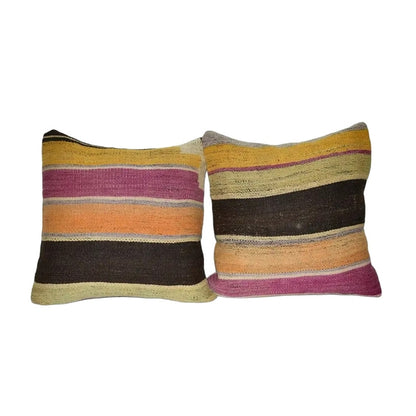 16" X 16" Set of Two Striped Turkish Kilim Pillow Cover