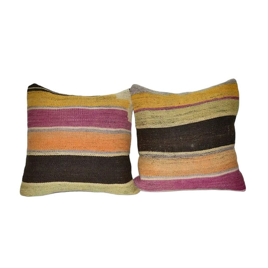 16" X 16" Set of Two Striped Turkish Kilim Pillow Cover