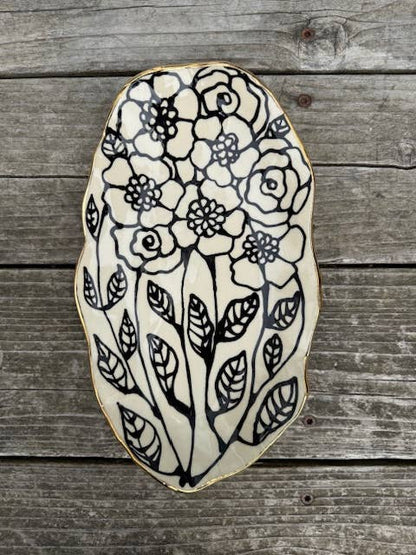 HSIEH CLAY | Handmade Floral Shape Ceramic Platter 22K Accents 7x12 MED