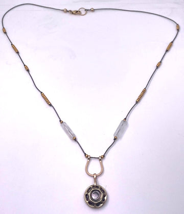 Antique Brass Button Necklace with Quartz & Gold Beads
