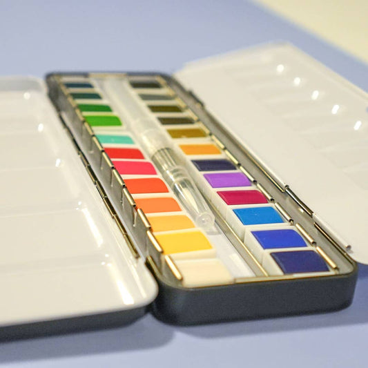 24 Color Watercolor Palette w/ Watercolor Brush - bailey rae studio