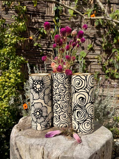HSIEH CLAY | Ceramic Floral Cylinder Short & Wide Vase 22K Gold Accents