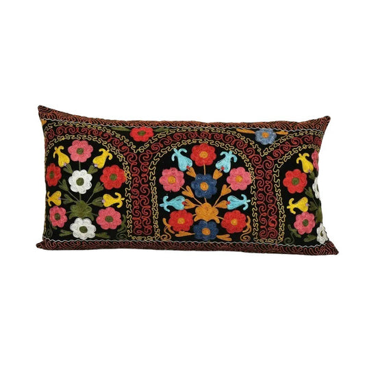 Suzani Embroidery Long Bedding Velvet Pillow | 16" x 30"