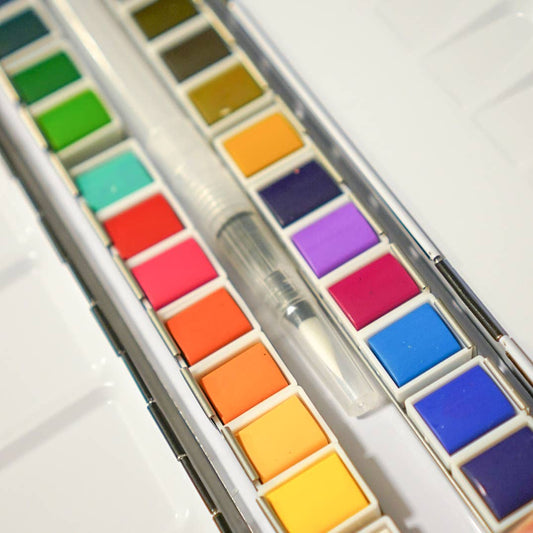 24 Color Watercolor Palette w/ Watercolor Brush - bailey rae studio