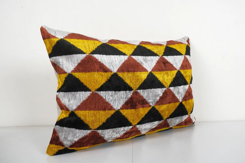 Colorful Ikat Velvet Lumbar Silk Cushion | 16" x 24"