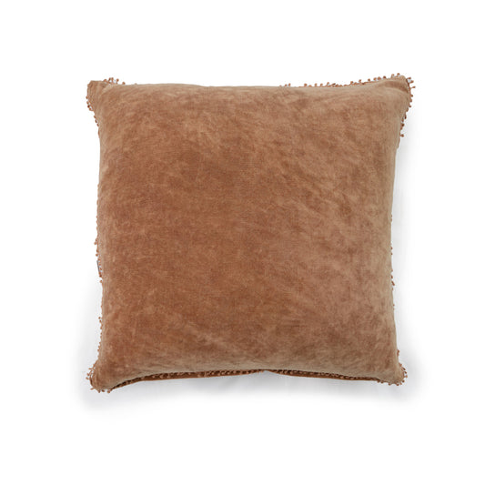 Velvet Pillow with Pom Pom Trim - Fawn