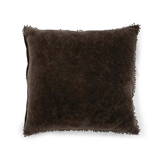 Velvet Pillow with Pom Pom Trim - Truffle