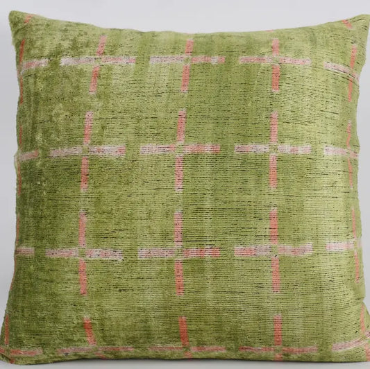 Green/Pink- Ikat Silk/Velvet Pillowcase | 20" x 20"