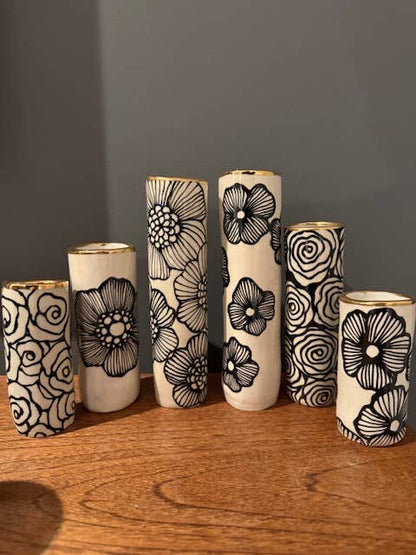 HSIEH CLAY | Handmade Large Ceramic Vase – Black Floral & 22K Gold Accent