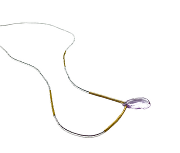 DEBBIE FISHER | Clear Seed w/ Gold Vermeil and Pink Amethyst Drop Necklace