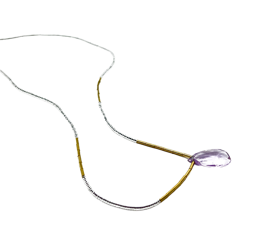 DEBBIE FISHER | Clear Seed w/ Gold Vermeil and Pink Amethyst Drop Necklace