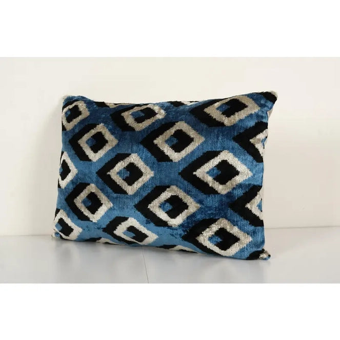 Silk Velvet Pillow Cover, Blue Geometric Ikat | 15