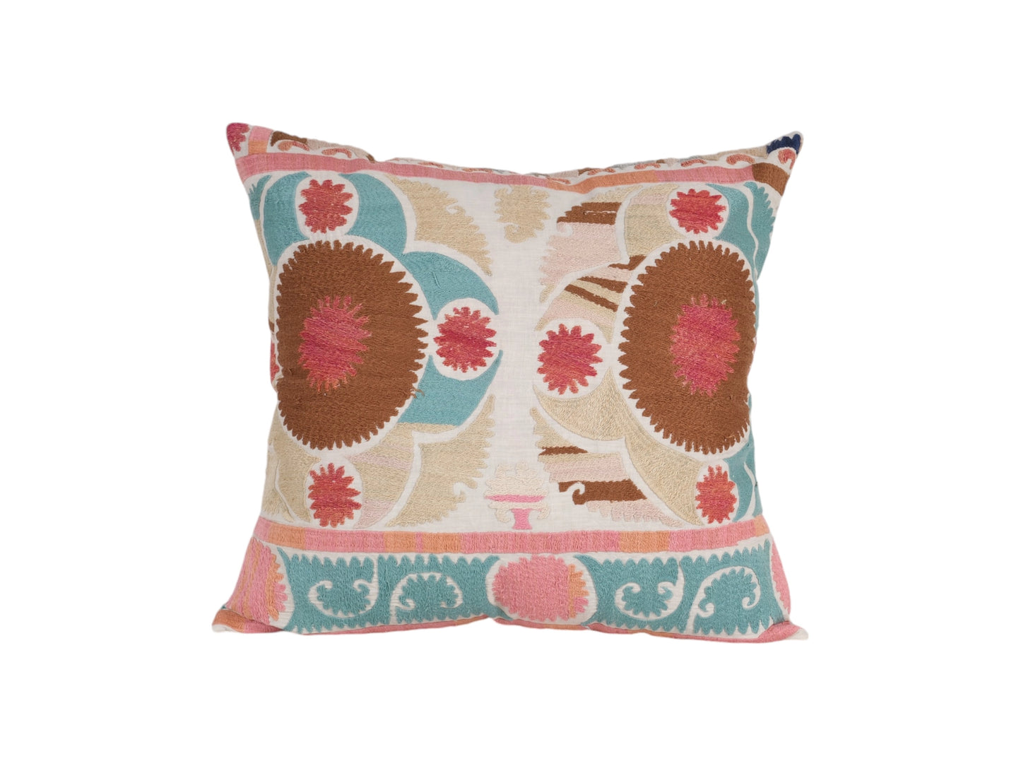 Square Oversize Turquoise Blue and Brown Suzani Pillow | 24" x 25"