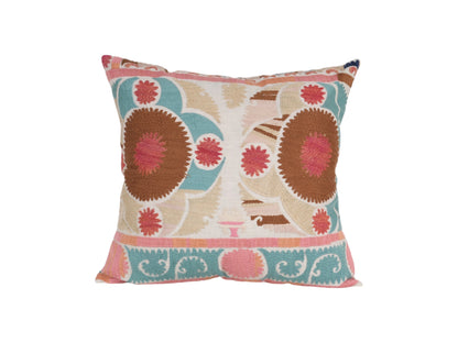 Square Oversize Turquoise Blue and Brown Suzani Pillow | 24" x 25"